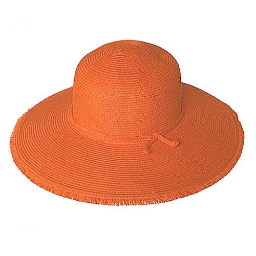 Wide Brim Braided Paper Straw Hat w/ Frill - Orange - HT-ST255OG